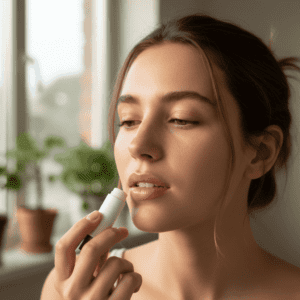mujer utilizando protector labial
